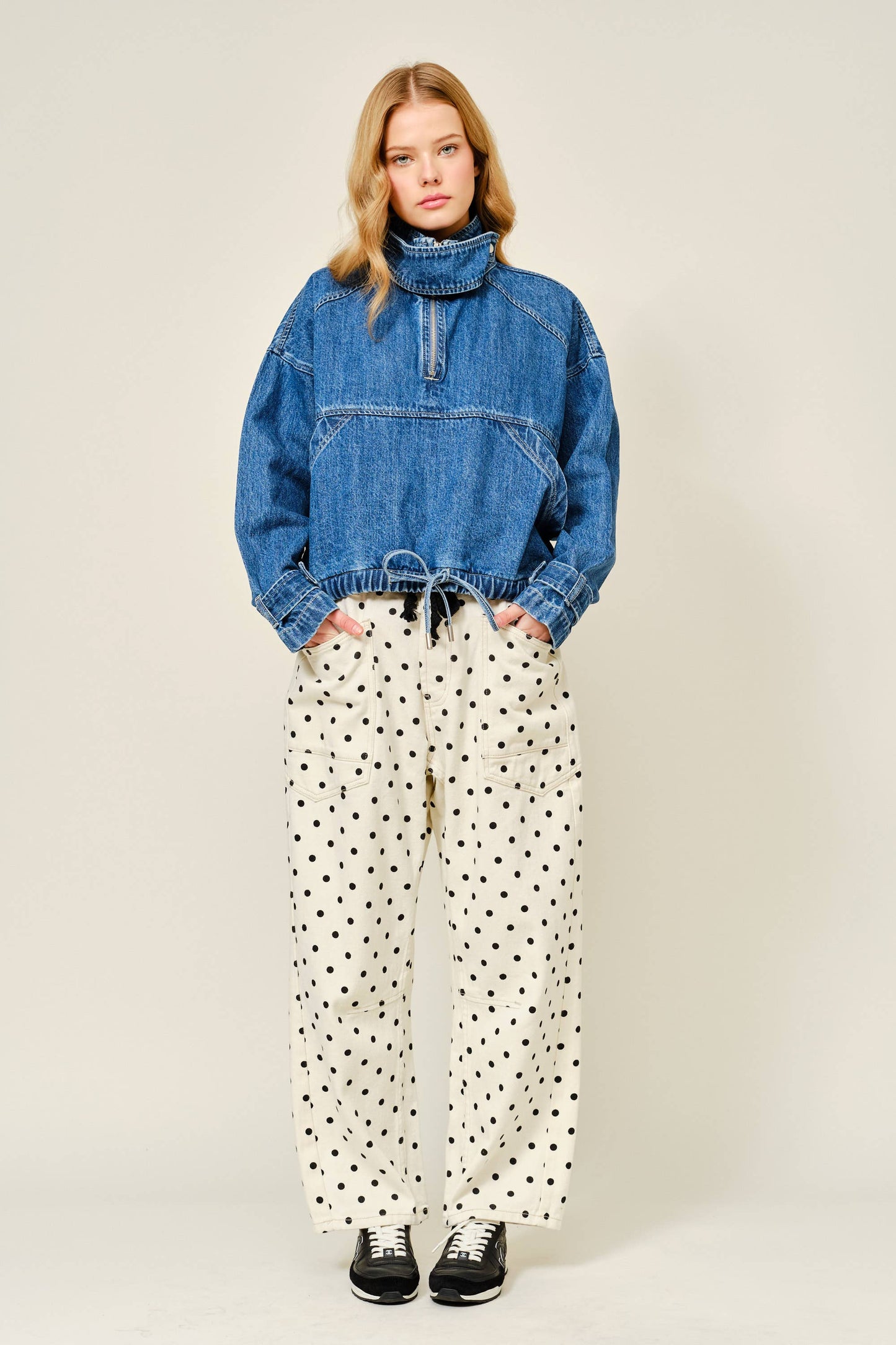 Polka Dot Barrel Leg Cotton Denim Pants