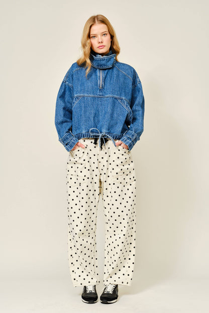 Polka Dot Barrel Leg Cotton Denim Pants