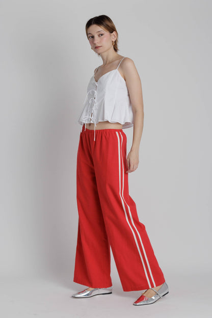 Linen Stripe Wide Leg Pants with Elastic Waist