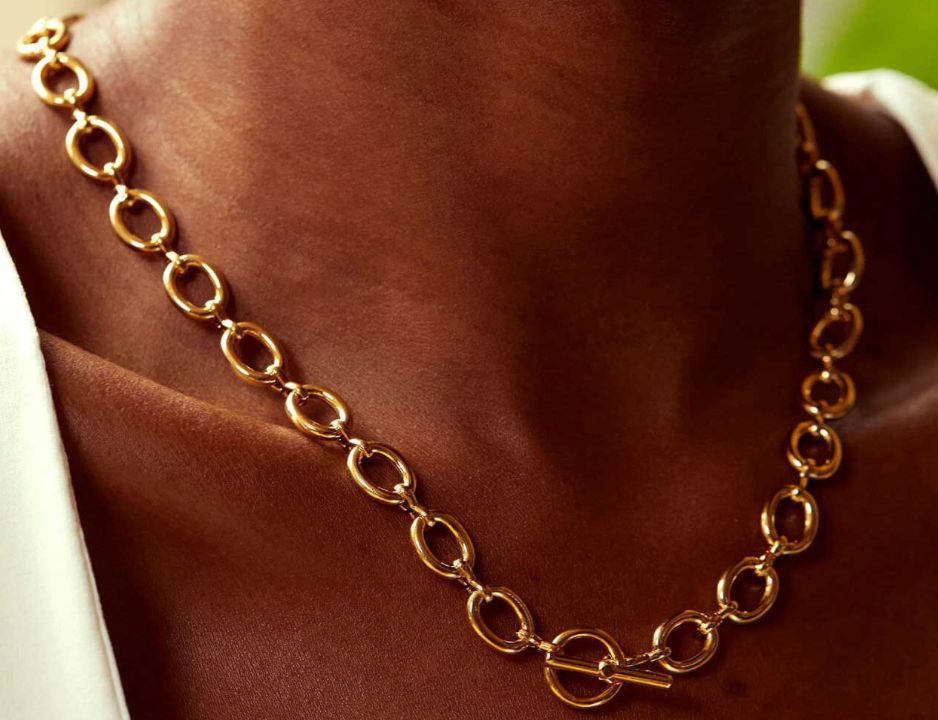 Oval Link Gold Necklace with Toggle Clasp, 17 Inch