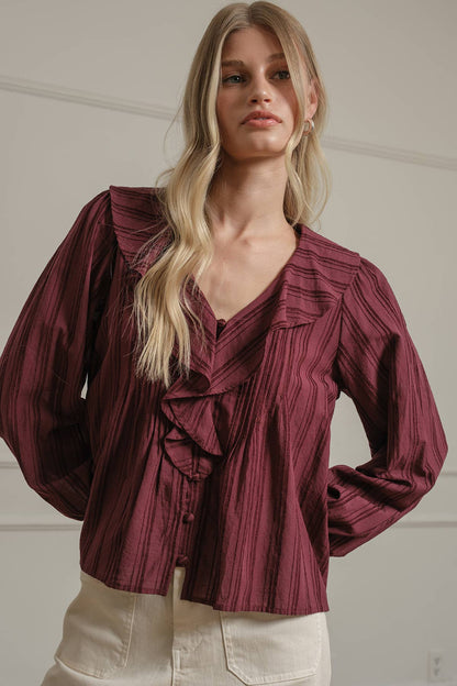 Ruffle Trim Striped Blouse