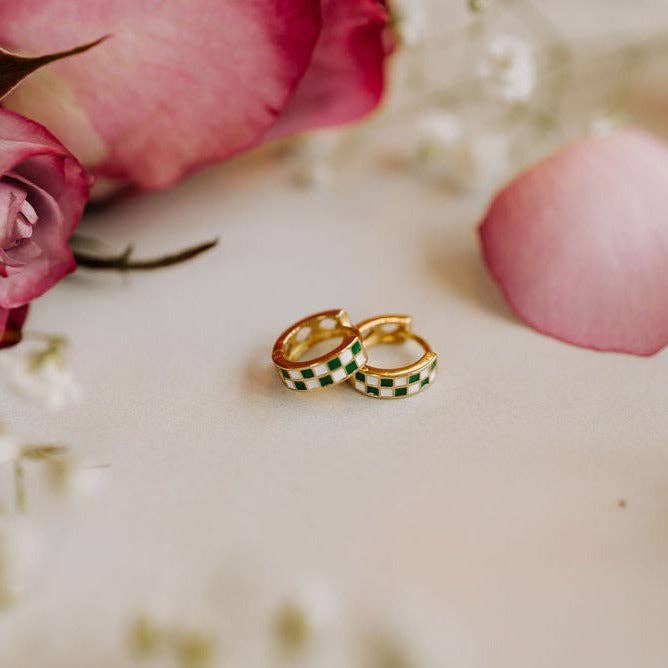 Green & White Checkered Hoop Earrings