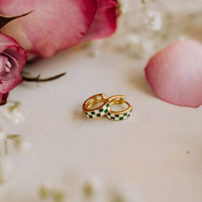 Green & White Checkered Hoop Earrings