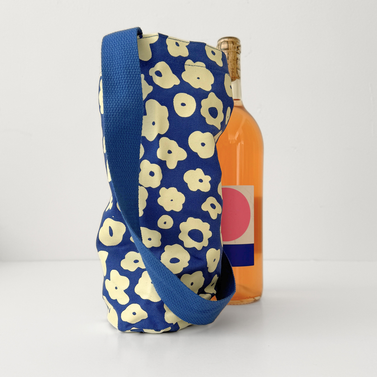 Cotton Canvas Wine Tote, White and Cobalt