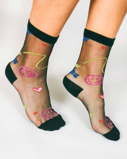 Happy Doodles Sheer Ankle Sock by Hannah Packer