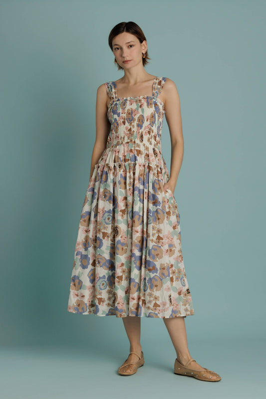 Floral Smocked Bodice Midi Dress with Pockets