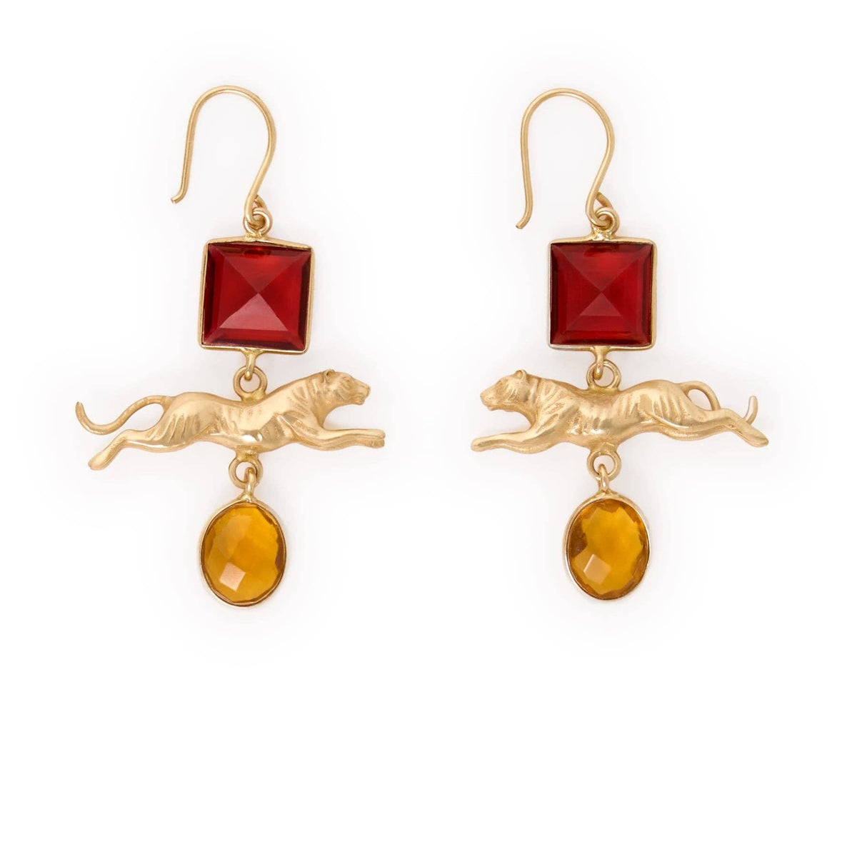 Tiger Pendant Brass Dangle Earrings, Glass Stones