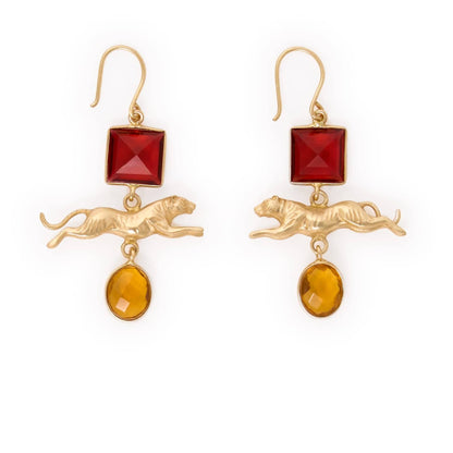 Tiger Pendant Brass Dangle Earrings, Glass Stones