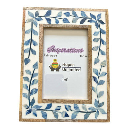 Blue Leaf Wood and Bone Inlay Photo Frame 4x6