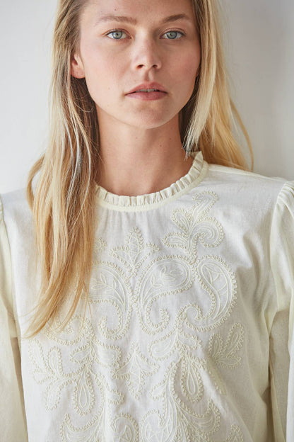 Mock Ruffle Neck Embroidered Cotton Top