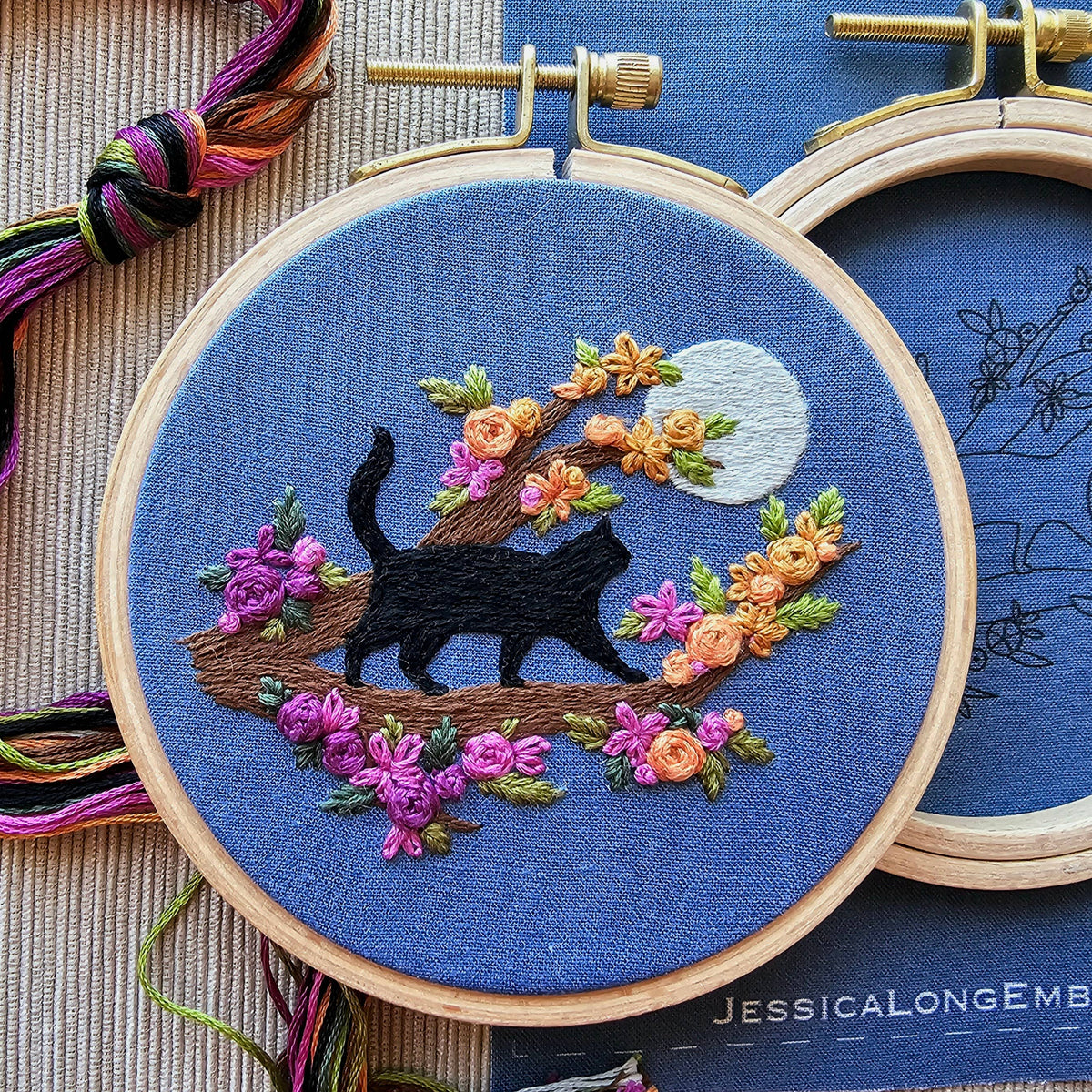 Mini Black Cat and Full Moon Embroidery Kit