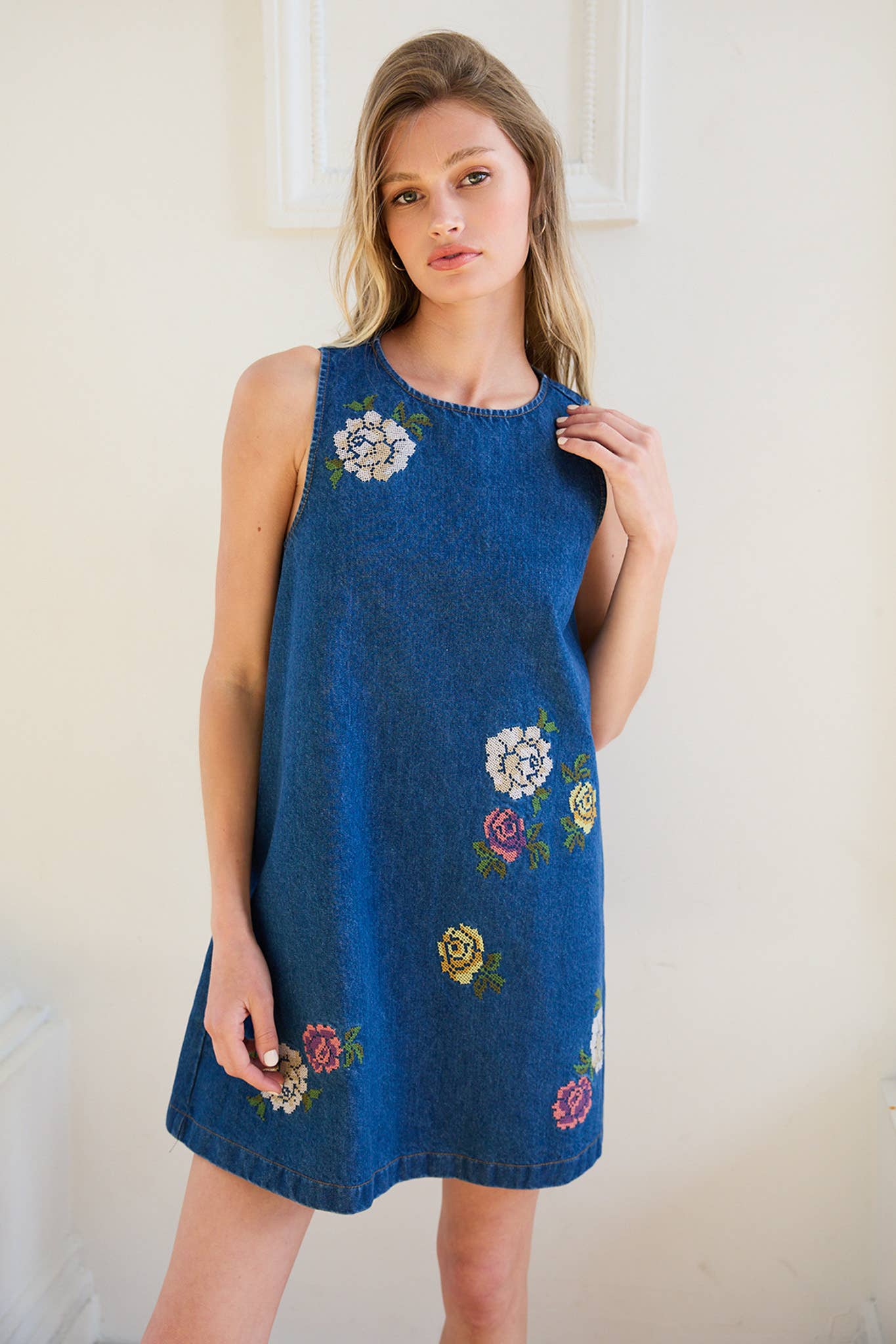 Floral Embroidered Denim Mini Dress with Pockets