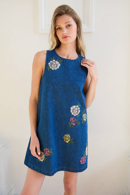 Floral Embroidered Denim Mini Dress with Pockets