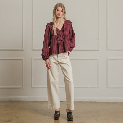 Ruffle Trim Striped Blouse