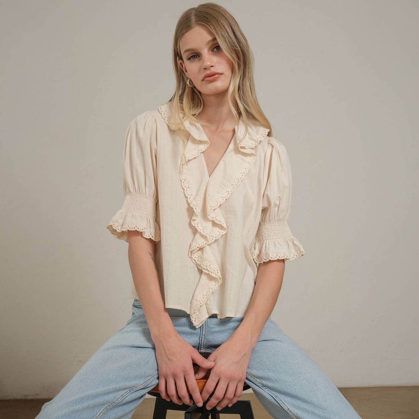 Ruffle Trim Lace Detail Blouse