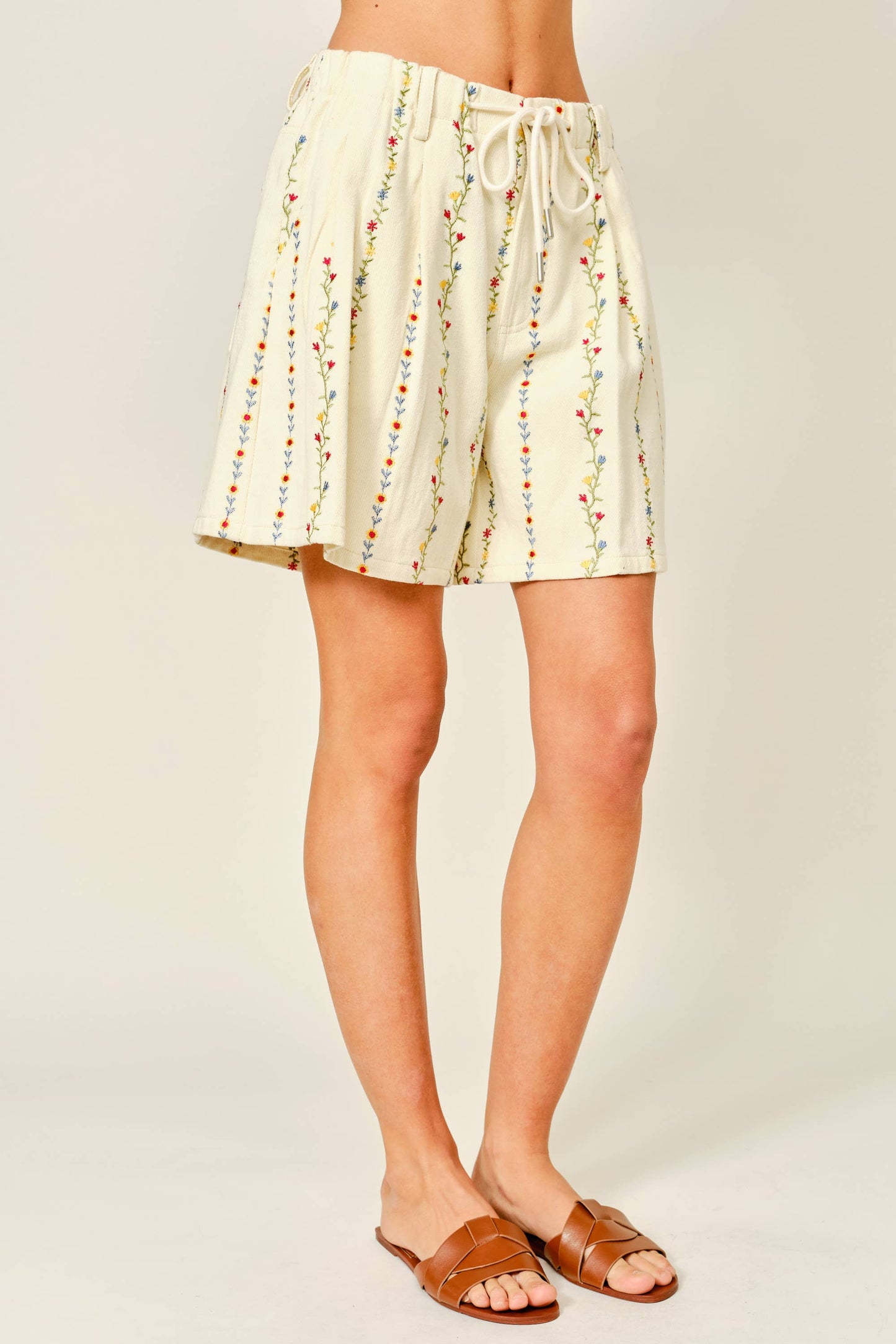 Flower Embroidered Long Shorts