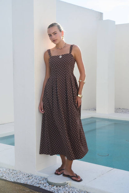 Brown Polka Dot Square Neck Dress