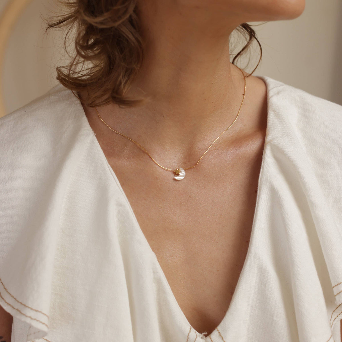 Mother of Pearl Moon and Star Necklace