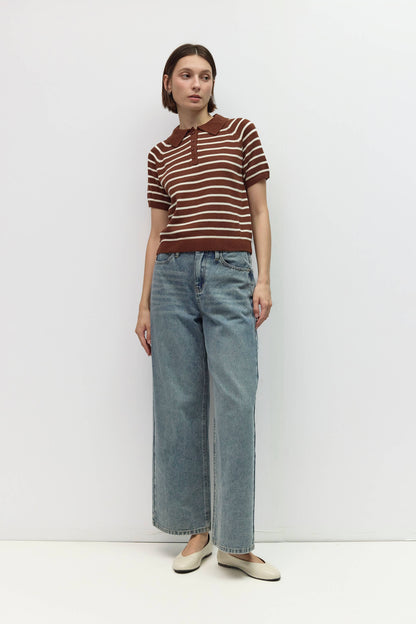 Ana Striped Raglan Collared Cotton Knit Top