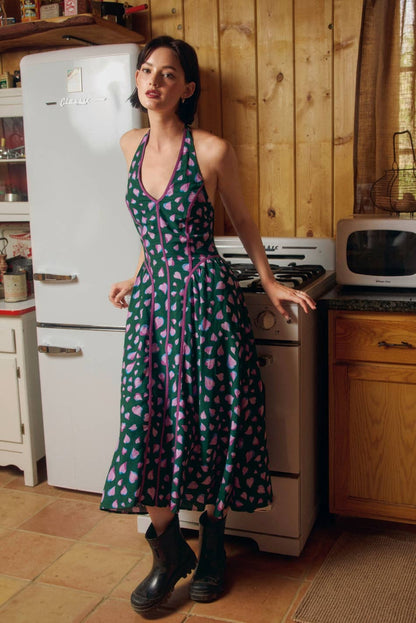 Evergreen Contrast Trim Halter Dress
