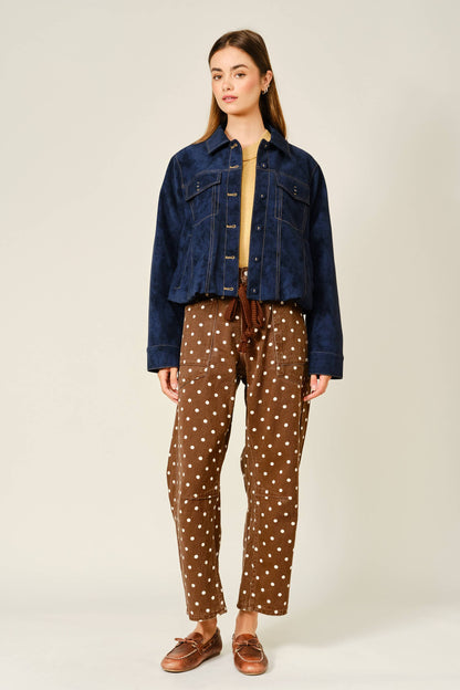 Polka Dot Barrel Leg Cotton Denim Pants