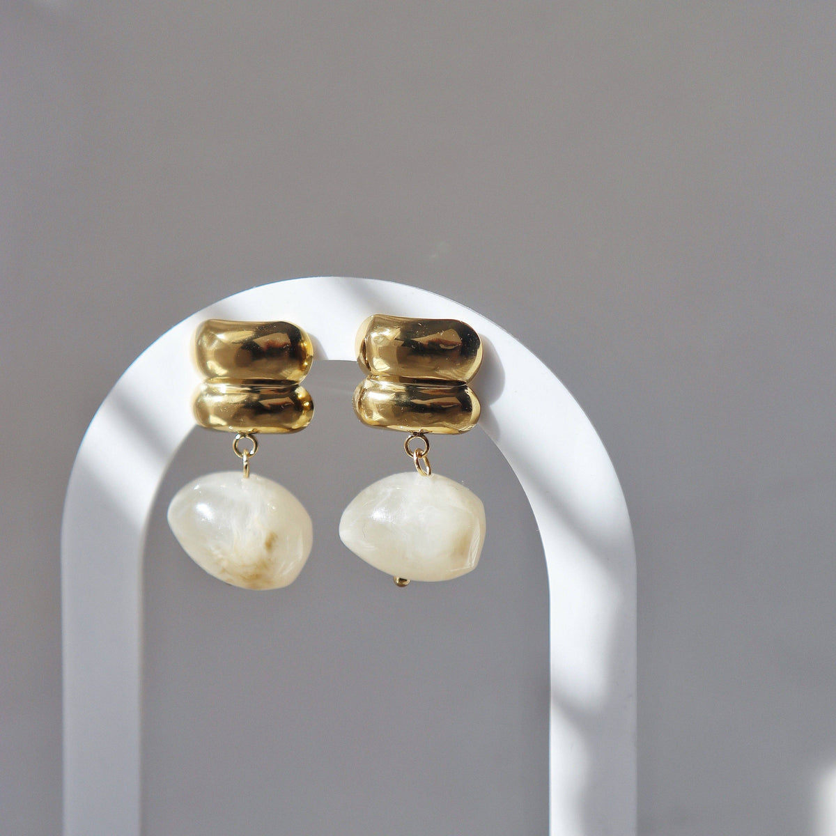 Elle White Stone Bead Drop Earrings Gold Plated