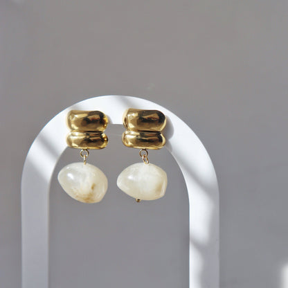 Elle White Stone Bead Drop Earrings Gold Plated