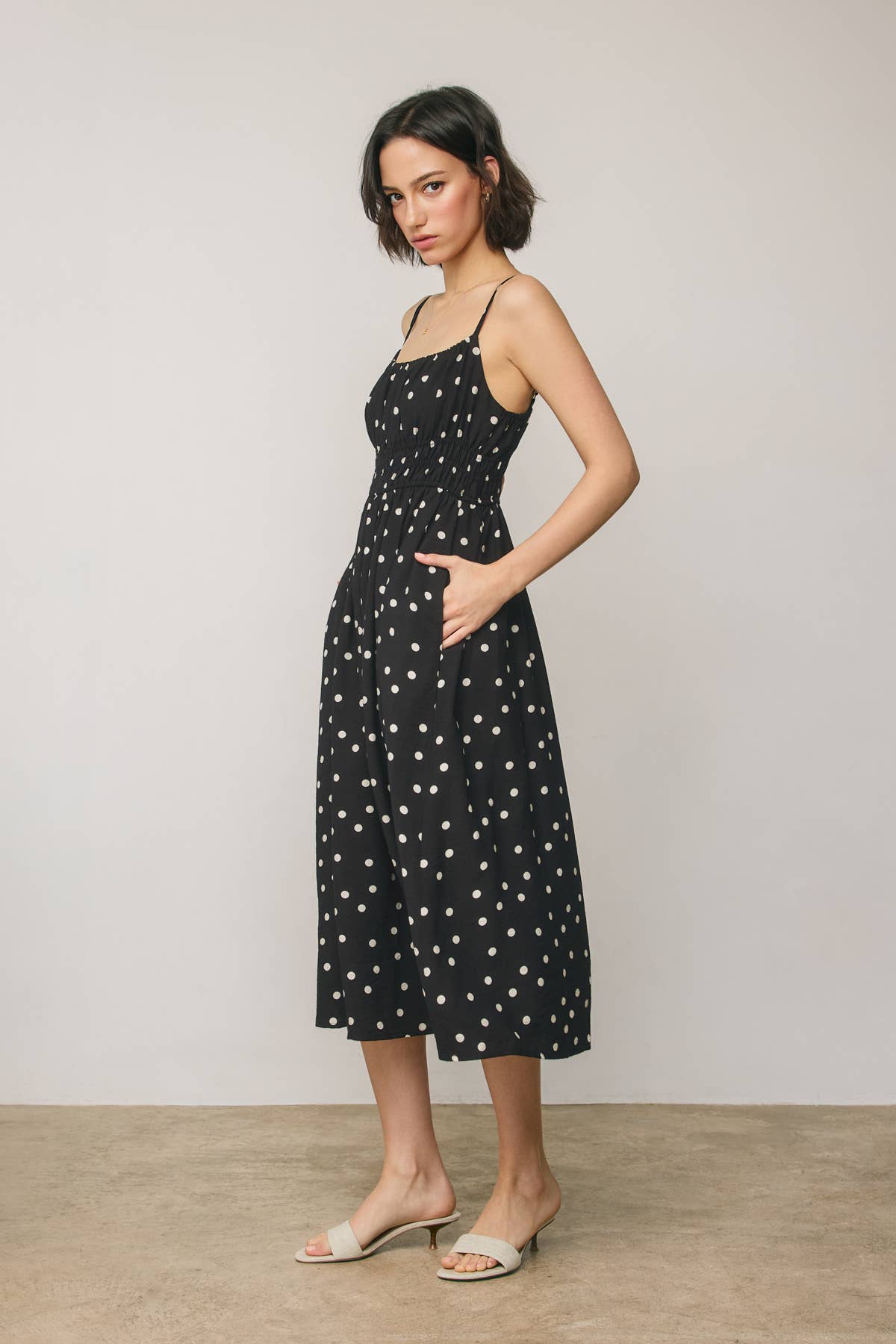 Polka Dot Spaghetti Strap Midi Waist Dress