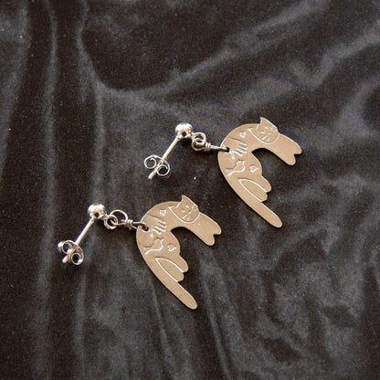 Silver Vintage Folk Cat Charm Earrings