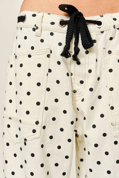 Polka Dot Barrel Leg Cotton Denim Pants