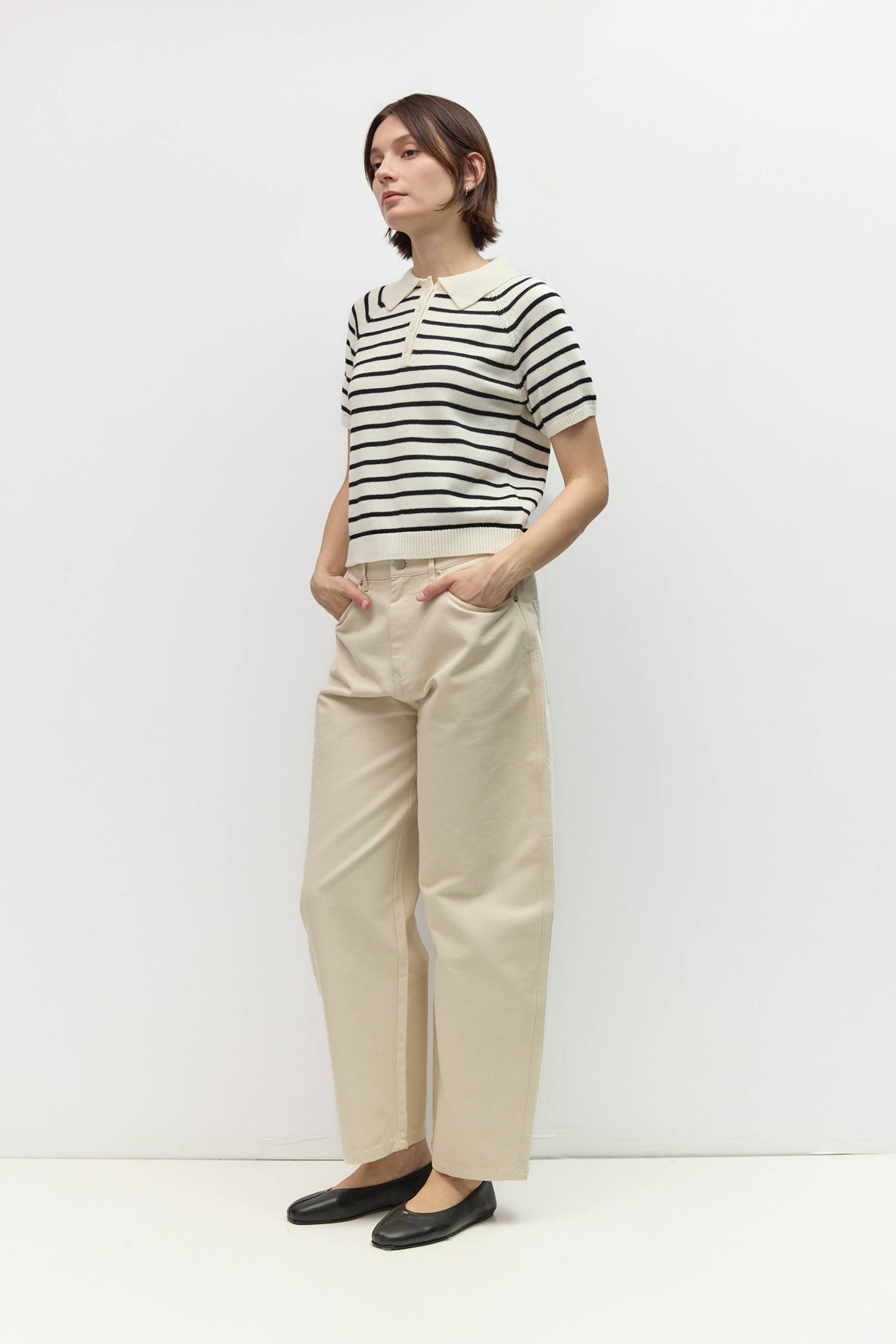Ana Striped Raglan Collared Cotton Knit Top