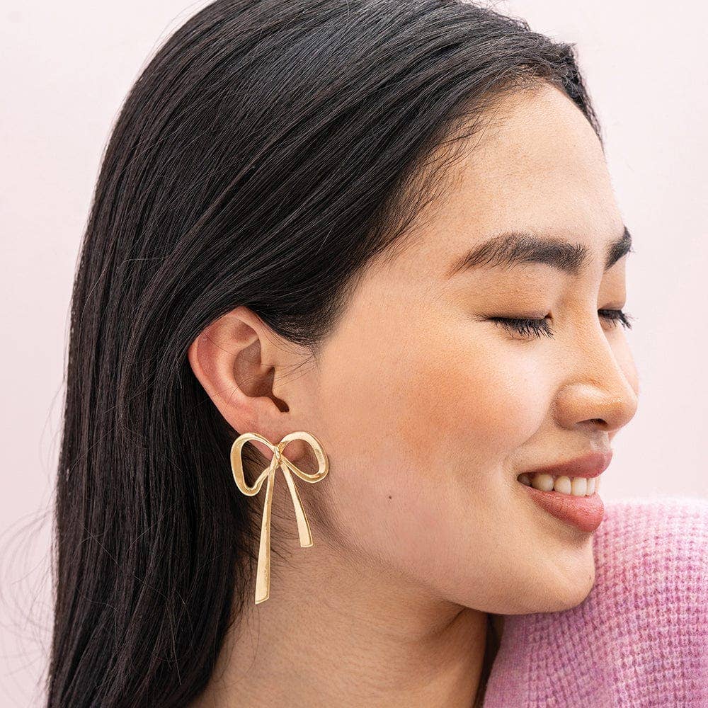 Large Ribbon Bow Brass Post Earrings