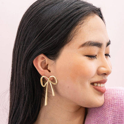 Large Ribbon Bow Brass Post Earrings