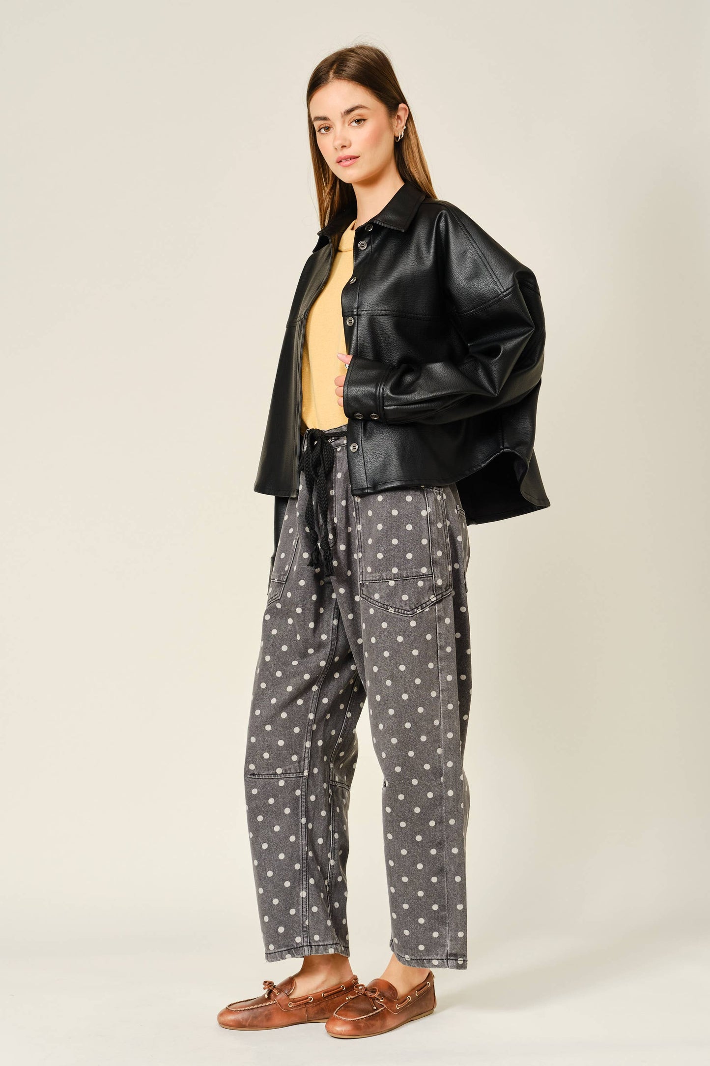 Polka Dot Barrel Leg Cotton Denim Pants
