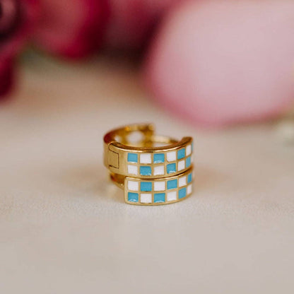 Blue & White Checkered Hoop Earrings