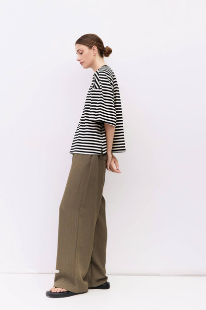 Striped Boxy Knit Elbow-Sleeve Tee