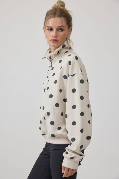 Polka Dot Half Zip Sweatshirt with Pockets