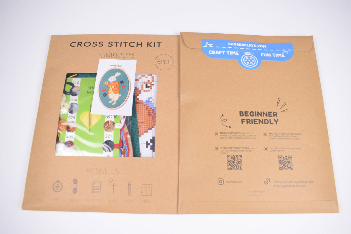 White Rabbit Cross Stitch Kit with Oval Hoop