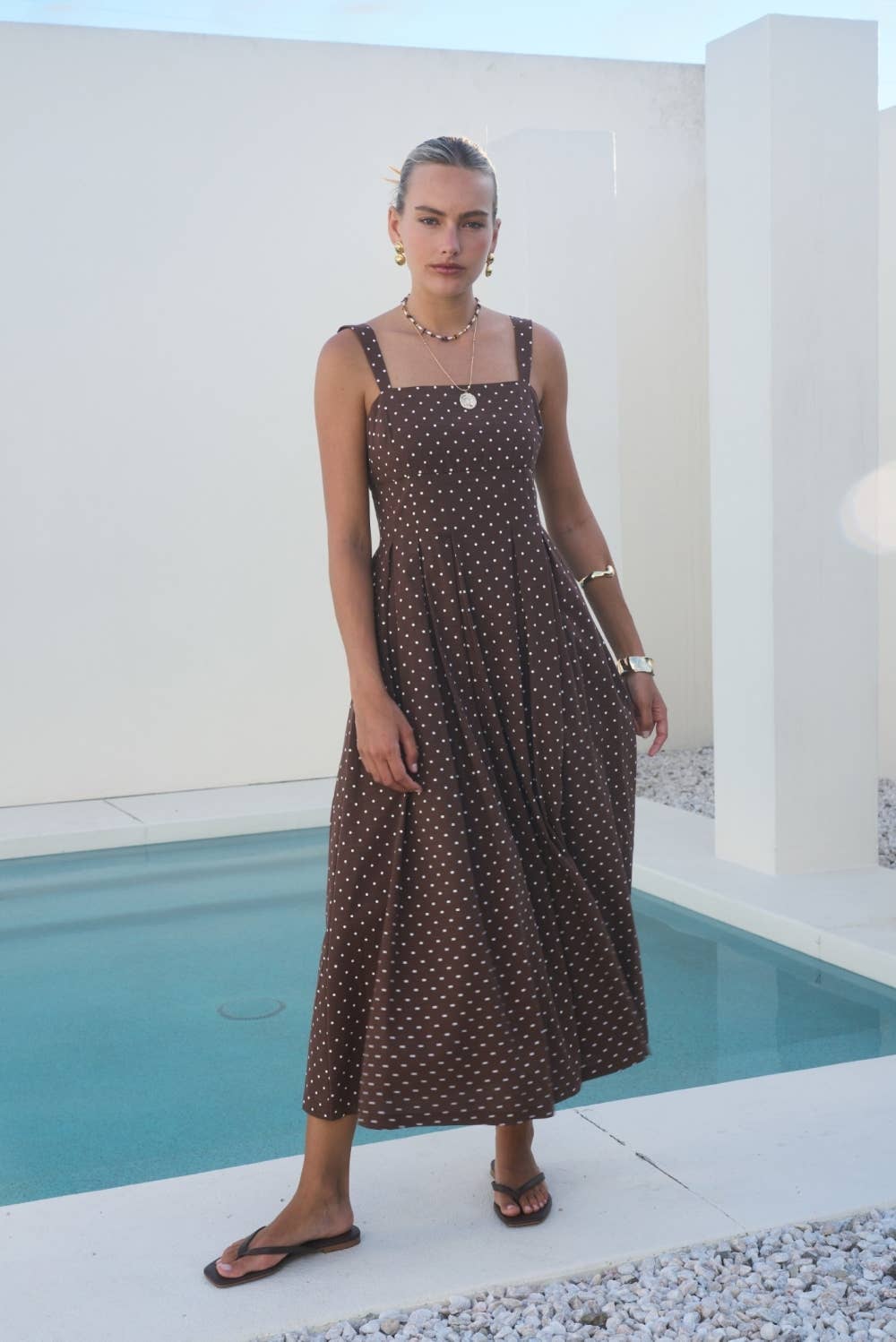 Brown Polka Dot Square Neck Dress