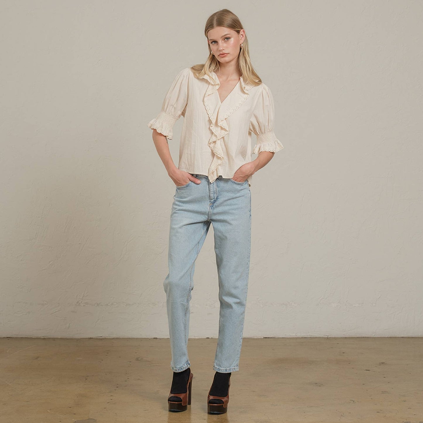 Ruffle Trim Lace Detail Blouse