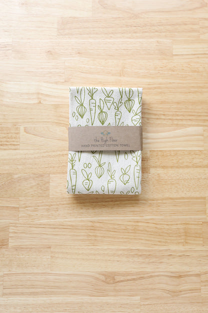 Root Vegetable, Handprinted Cotton Kitchen Towel