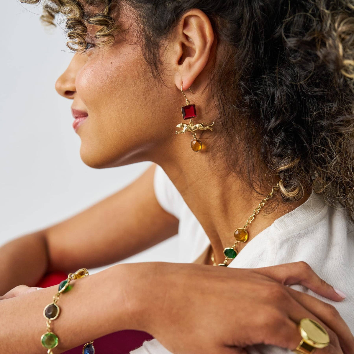 Tiger Pendant Brass Dangle Earrings, Glass Stones