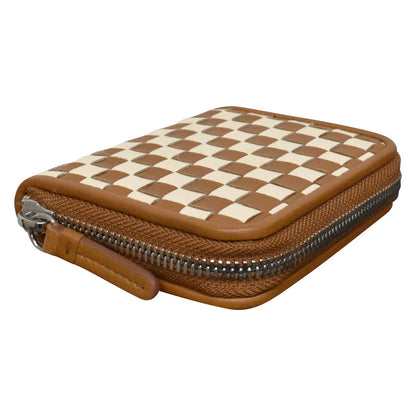 Checkerboard Woven Leather Zip Around Wallet