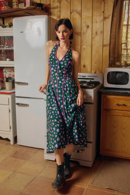 Evergreen Contrast Trim Halter Dress