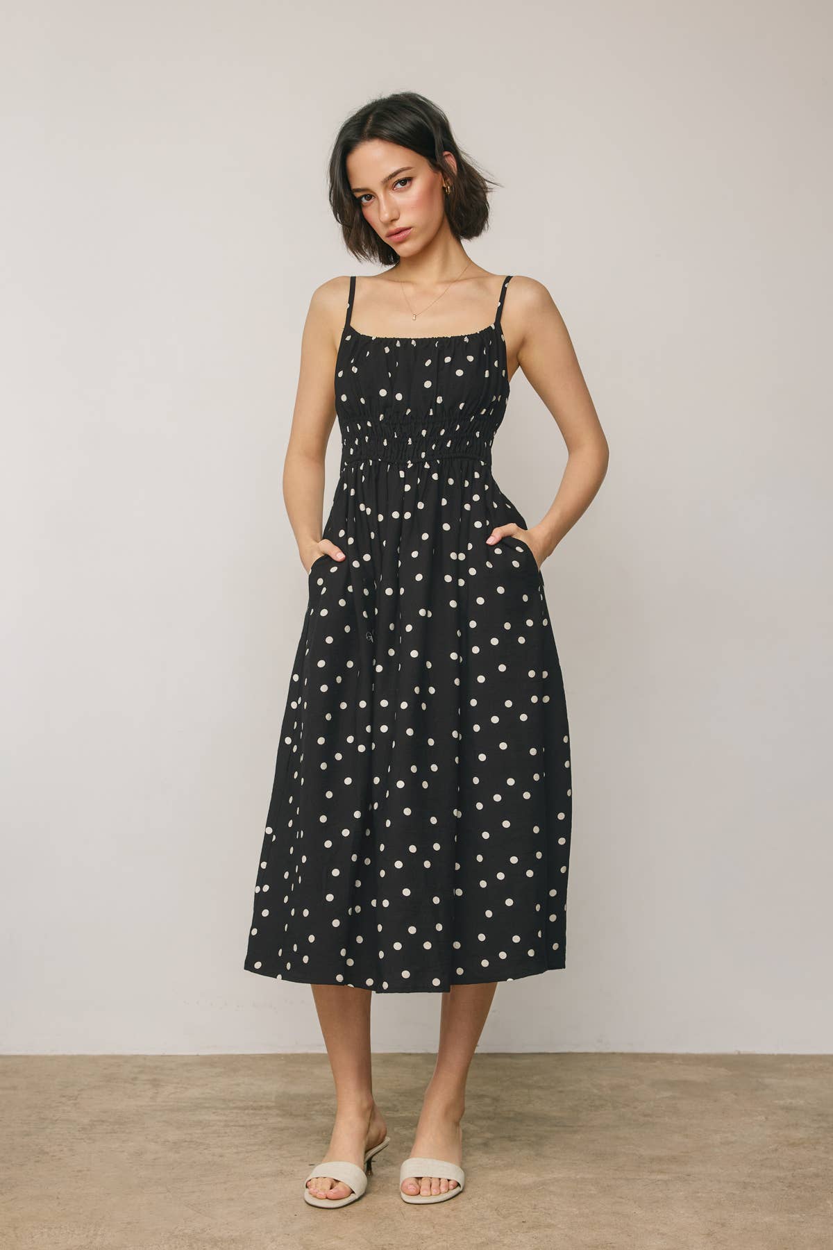 Polka Dot Spaghetti Strap Midi Waist Dress