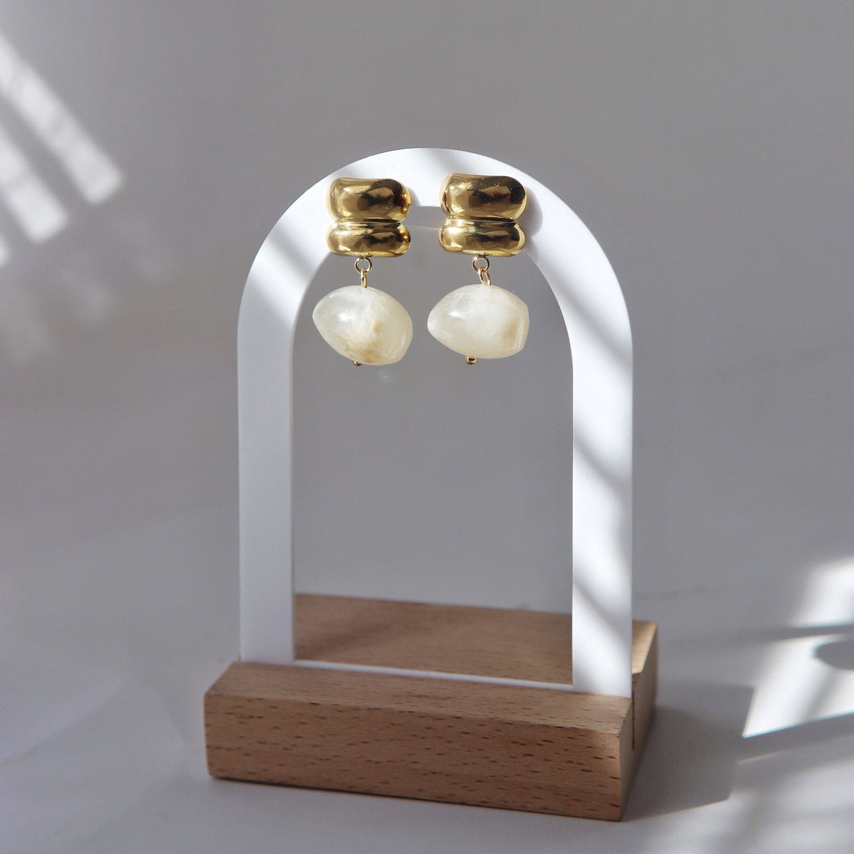 Elle White Stone Bead Drop Earrings Gold Plated