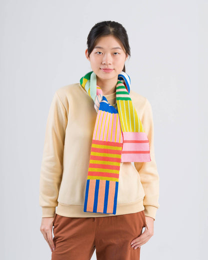 Patchwork Stripe Skinny Knit Scarf 84 Inch
