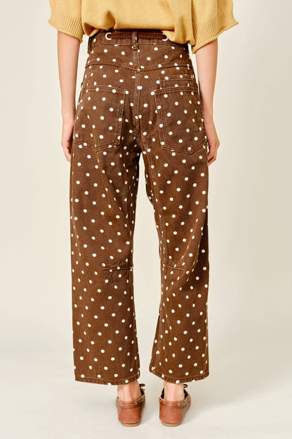 Polka Dot Barrel Leg Cotton Denim Pants