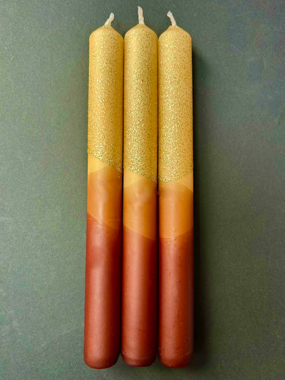 Caramel Dip Dye Taper Candle Trio Eco Glitter