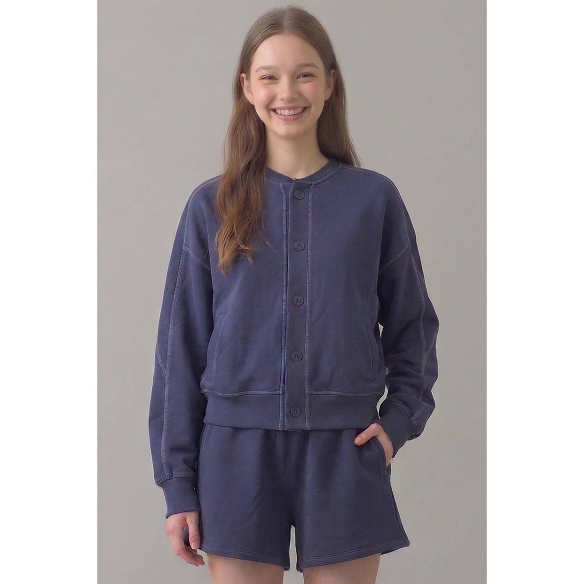 Cotton Terry Button-Down Cardigan